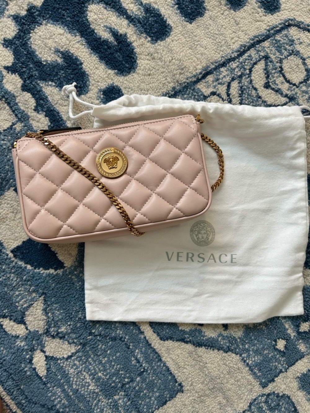 Versace Quilted Crossbody Bag in Blush Pink with Gold Chain